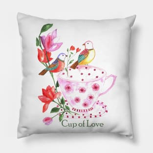 Cup of love, red and yellow birds on a pink floral cup Pillow