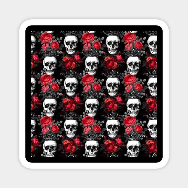 Skulls crowns and faded red roses on a dark black background Magnet by pickledpossums