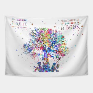 Kids reading under tree Tapestry