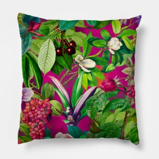 Trendy tropical floral leaves and fruits tropical pattern, pink fuchsia floral illustration over a Pillow