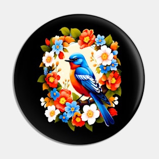 Cute Blue Bird Surrounded by Bold Vibrant Spring Flowers Pin