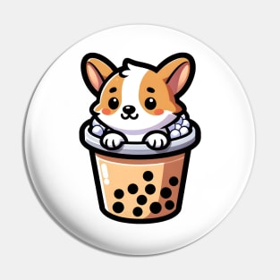 Cheerful Corgi in Boba Tea - Cute Puppy Cartoon Illustration Pin