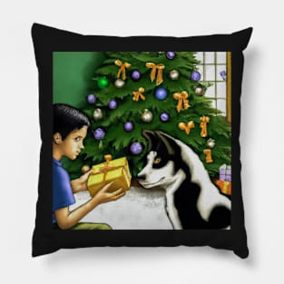 A Boy and His Dog Opening Christmas Present Pillow