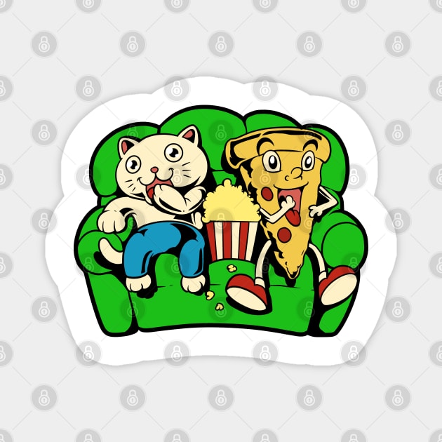 Cat and pizza eating popcorn Magnet by Modern Medieval Design