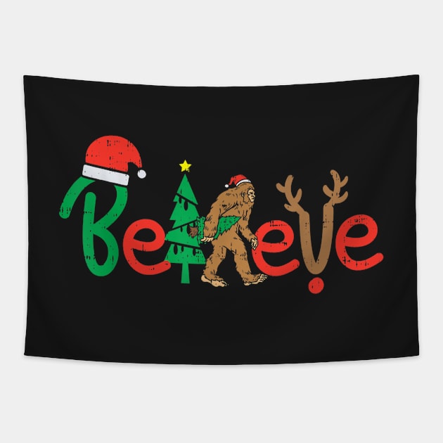 Believe Christmas Bigfoot Cryptid Unique Xmas Tee Tapestry by ThatVibe