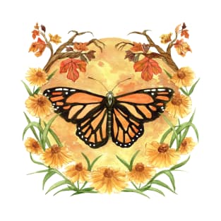 Fall Monarch - Monarch Butterfly over Full Moon on Umber T-Shirt