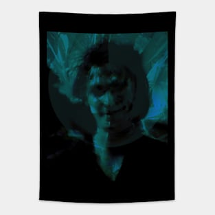 Portrait, digital collage and special processing. Man, like in night dreams. Demon. Aquamarine. Tapestry