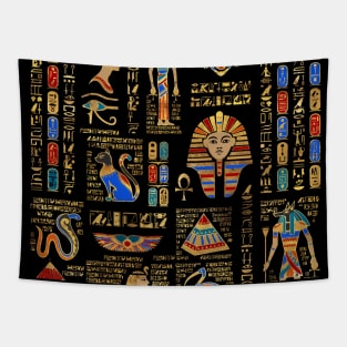 Egyptian hieroglyphs and deities on black Tapestry