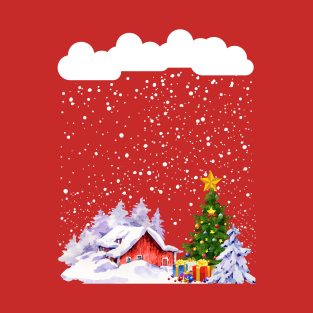 Cozy snow cabin mountain snow storm snowy Christmas tree T-Shirt