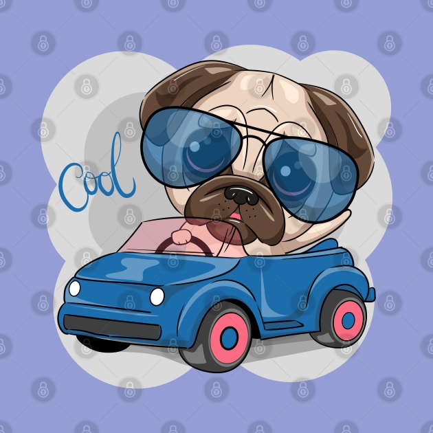 cool pug dog riding a car by sharukhdesign