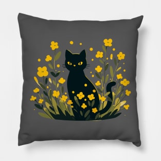 Black cat in yellow flower garden Pillow