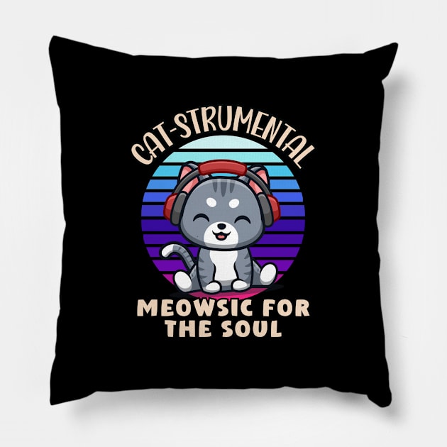 Cat-strumental, Meowsic For The Soul, Funny Cute Cat Merch Design Pillow by Hifzhan Graphics