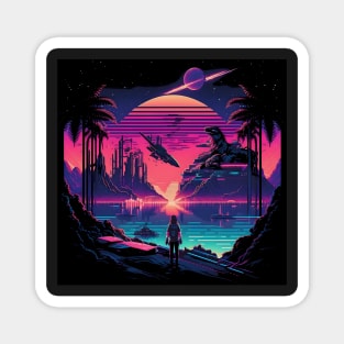 Synthwave cyberpunk woman looking at the sunset with mystery creature Magnet