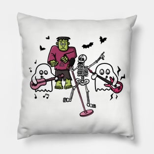 Halloween Band, Skeleton, Frankenstein, Ghosts, Music Cute Funny Digital Illustration Pillow