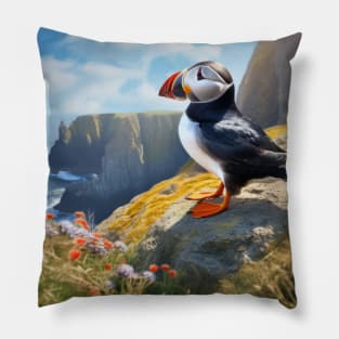 Puffin Animal Bird Wildlife Wilderness Colorful Realistic Illustration Pillow