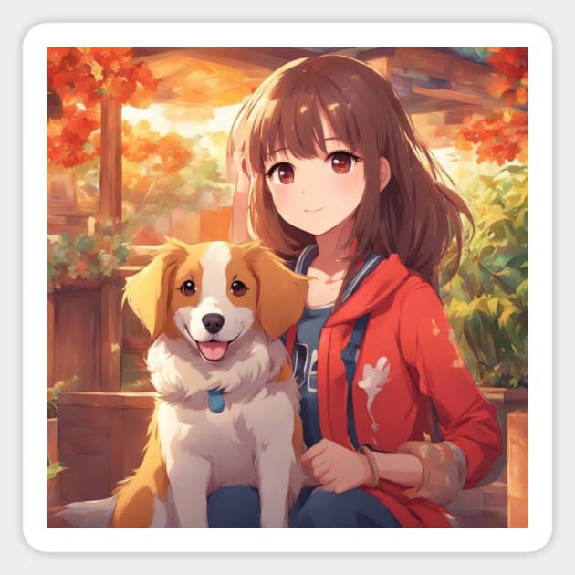 Anime Girl with a cute Dog #016 Anime Art Sticker TeePublic