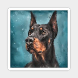 Painting of a Gorgeous Black and Gold Doberman on Dark Blue Background Magnet