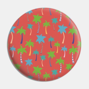 Palm trees on a red background. Colorful palm trees. Green, blue, teal, yellow, and white palm trees on red. Tropical pattern. Summer print. Pin