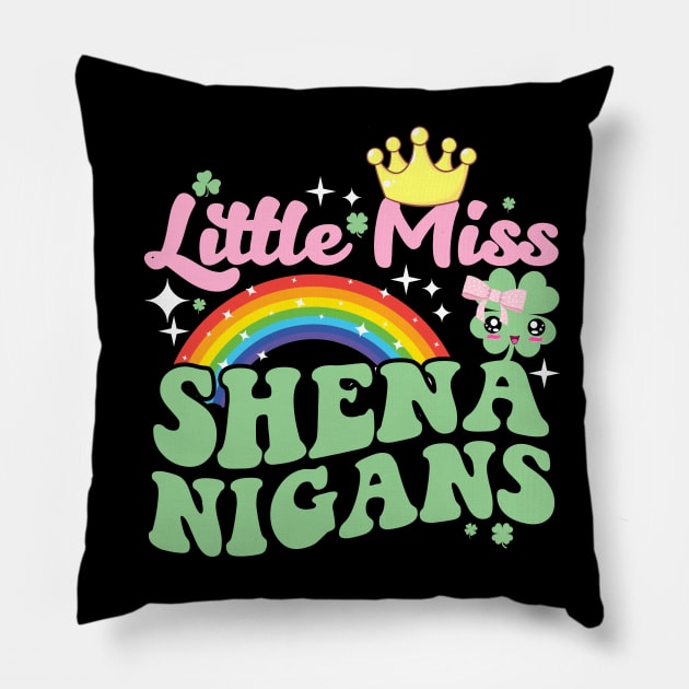 Little Miss Shenanigans St Patricks Day Cute Girl Clover Pillow by artbooming