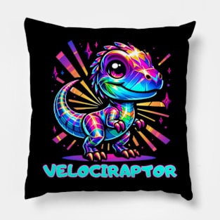 Baby Velociraptor Dino Neon Kawaii Cute Colorful Chibi Pillow