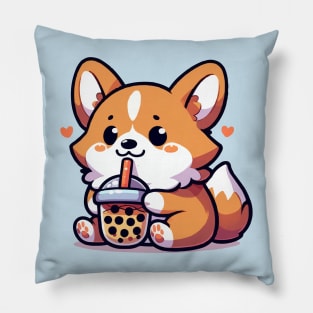 cute corgi with a big fan of boba Pillow