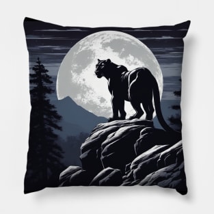 Black Panther Cat, Rock, Forest, Full Moon Pillow