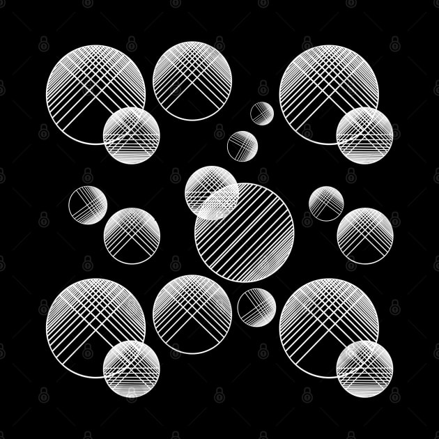 Monochrome geometric pattern with circles and lines.White on black by KateQR