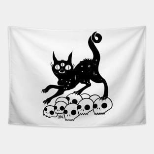 Black Cat On A Pile Of Skulls Magic Witch Art Tapestry