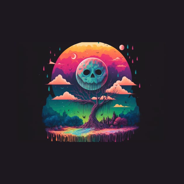 A Full Skull Moon Smiles Down On You - Psychedelic Landscape - Paint Dripping 3D Illustration - Colorful Haunted Nature Scene by JensenArtCo