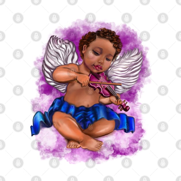 Black Angel playing the violin on a purple cloud- blissful Sun kissed curly haired Baby cherub angel classical art by Artonmytee