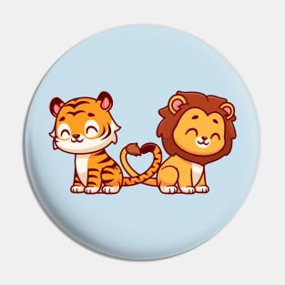 Cute Lion And Tiger Couple With Love Heart Tail Cartoon Pin