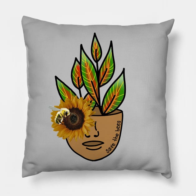 Save the Bees - Tropical House Plant with Sunflowers and Bees Pillow by Tenpmcreations