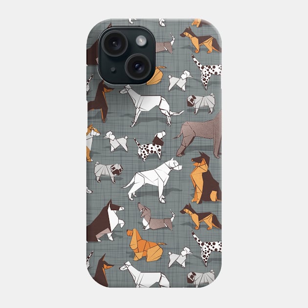 Origami doggie friends II // pattern // grey green linen texture background paper dogs Phone Case by SelmaCardoso