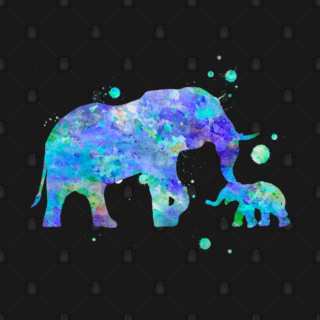 Blue Mom and Baby Elephant Watercolor Painting by Miao Miao Design