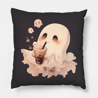 Spooky Sheet Ghost enjoying boba tea on Halloween Pillow