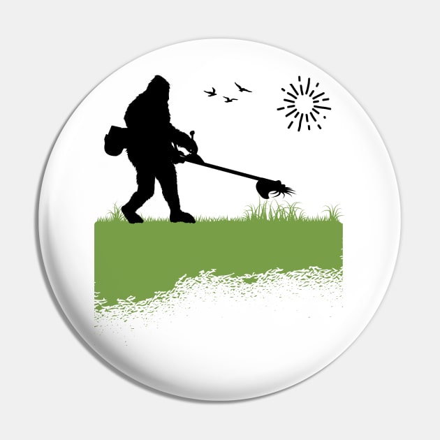 Bigfoot Mowing the Lawn Owner Grass Cutting Funny Sasquatch Pin by Tesszero