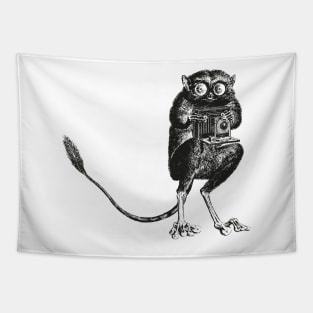 Say Cheese! | Tarsier with Vintage Camera | Bellows Camera | Black and White | Anthropomorphic | Tapestry