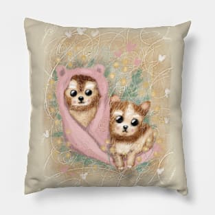 Cute colorful illustrations in retro style. Beautiful fluffy puppies. Pillow