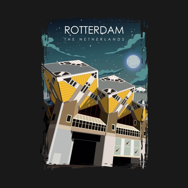 Rotterdam The Netherlands Vintage Minimal Retro Travel Poster at Night by jornvanhezik