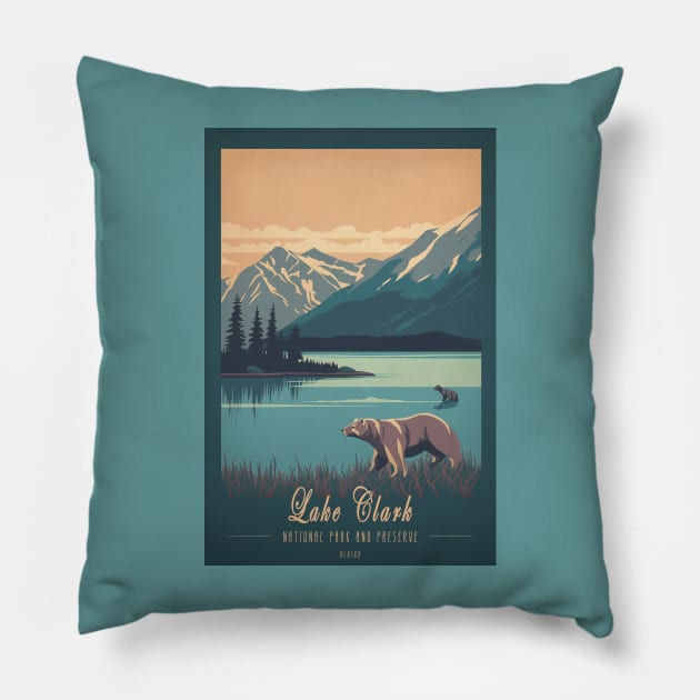 Lake Clark National Park Vintage Travel Poster Pillow by GreenMary Design