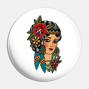 Gypsy Lady Head American Traditional Tattoo Design Pin