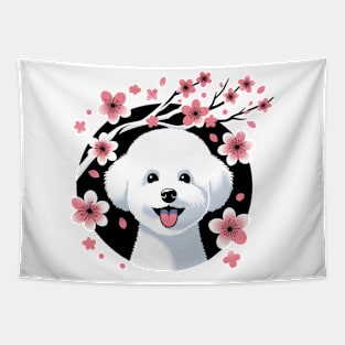 Bichon Frise Delights in Spring's Cherry Blossoms Splendor Tapestry