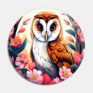 Cute European Barn Owl Surrounded by Bold Vibrant Spring Flowers Pin