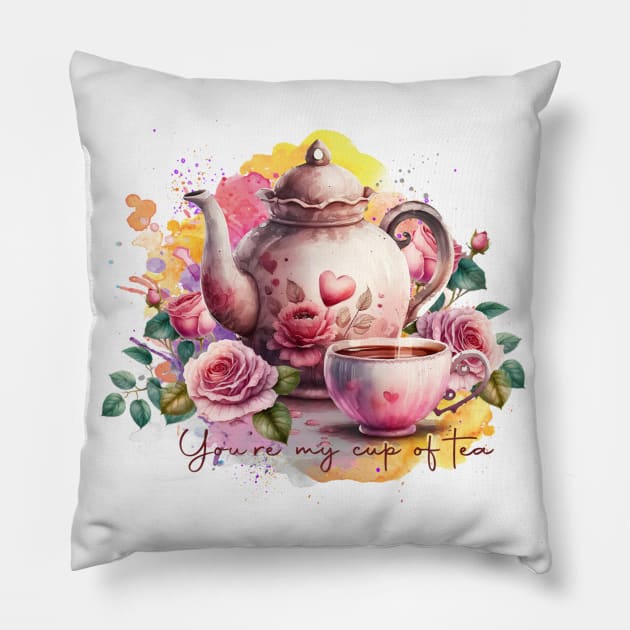 Watercolor Tea Pot And Cup With Flowers Pillow by ERArts