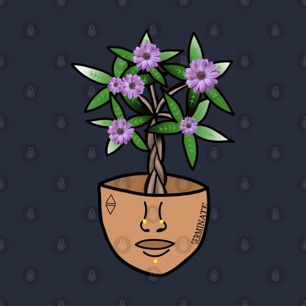 Surreal Money Tree with Purple Daisys, in a Pot Head Planter by Tenpmcreations