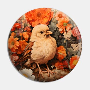 Retro Vintage Art Style Baby Chick surrounded in by Flowers - Whimsical Nature Design Pin