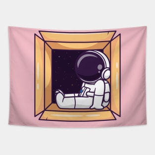 Cute Astronaut Sleeping In Box Cartoon Tapestry