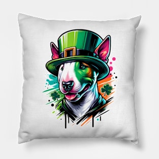 Miniature Bull Terrier Celebrates St Patrick's Day in Style Pillow