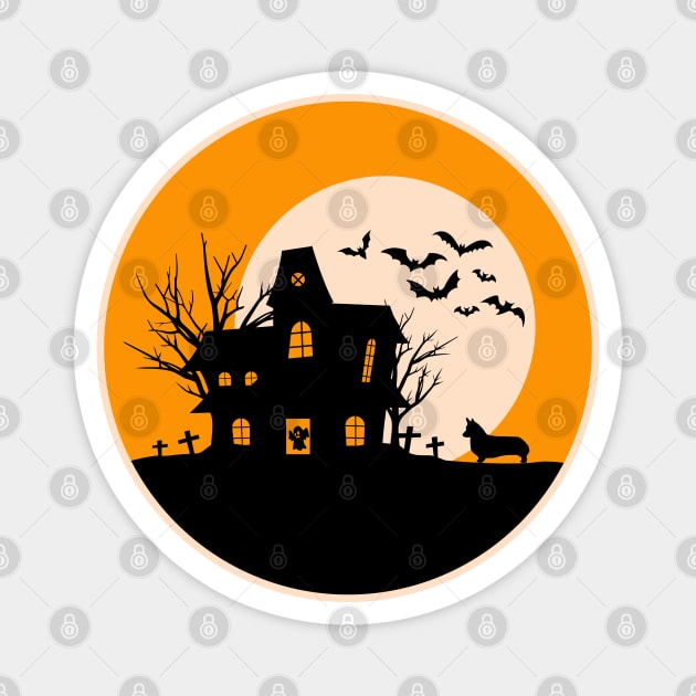 Halloween Corgi Silhouette - Haunted House Magnet by MaplewoodMerch