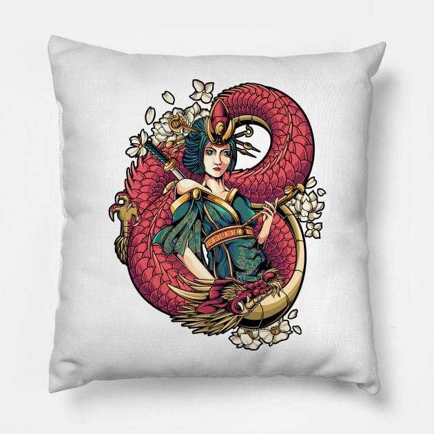 geisha red dragon Pillow by Bayuktx